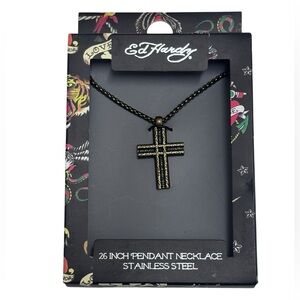 Ed Hardy Black and Gold Cross Necklace